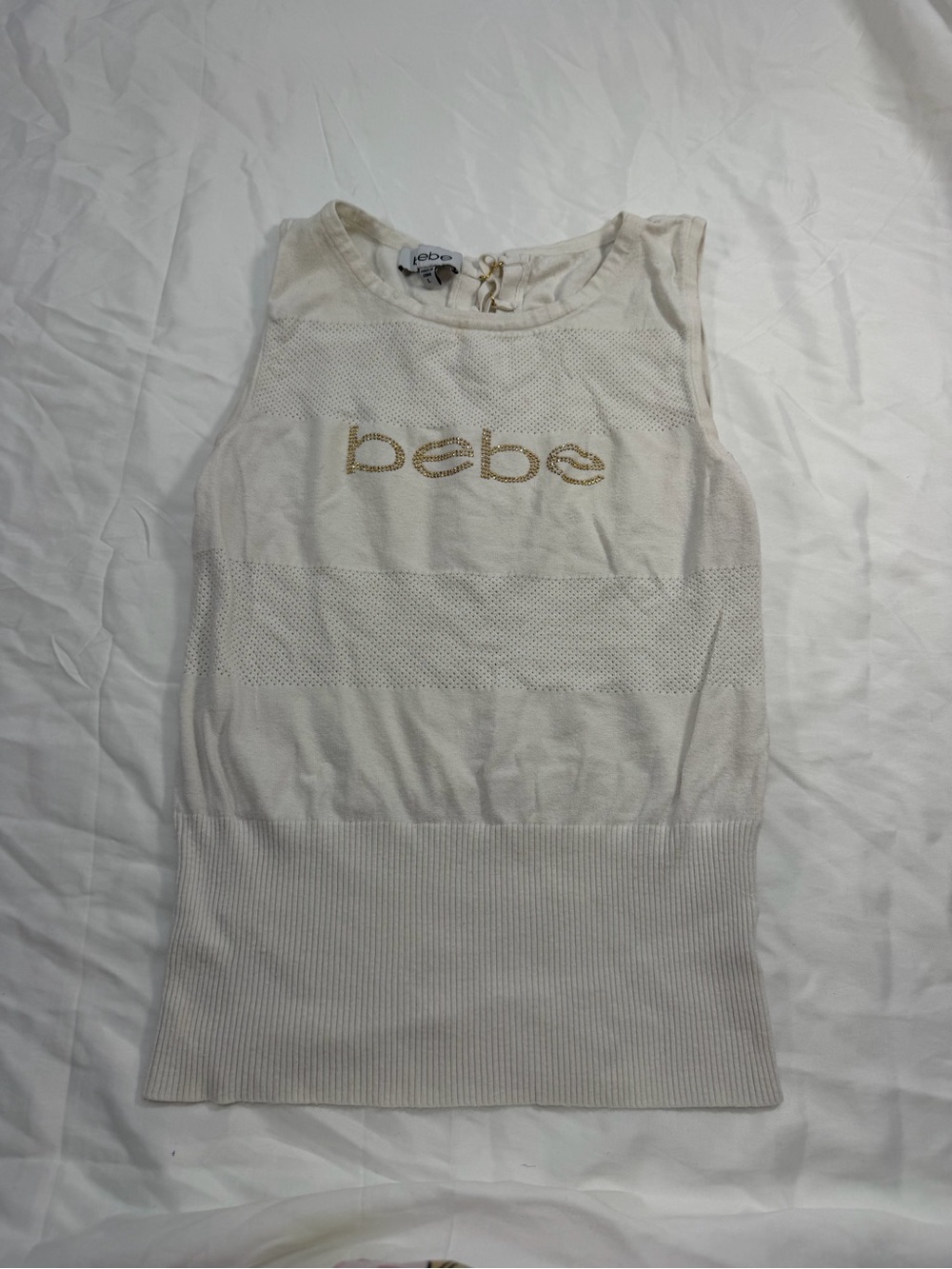bebe Ivory Knit Sleeveless Top with Gold Logo